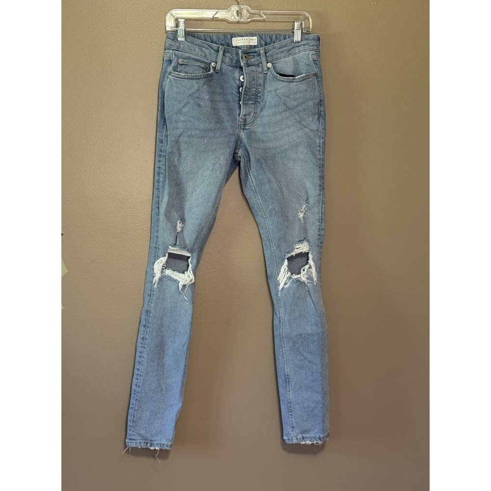 Topman Mens Lightwash Button Fly Stretch Skinny Distressed Jeans 30x32 Blue